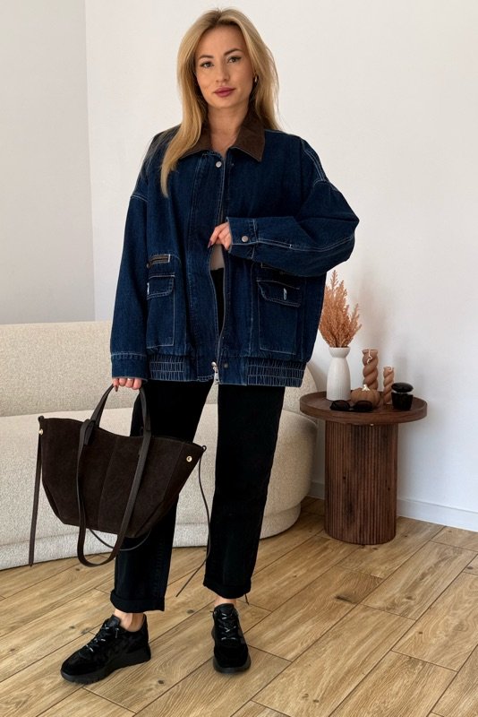 KURTKA JEANSOWA Z KOŁNIERZEM CARLO ciemny jeans.