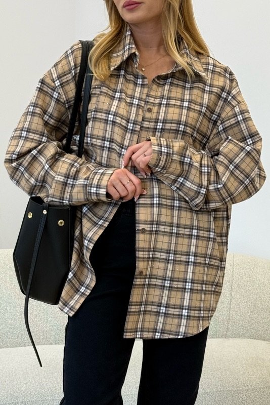 KOSZULA W KRATĘ BOSTON Z CYRKONIAMI BEŻOWA