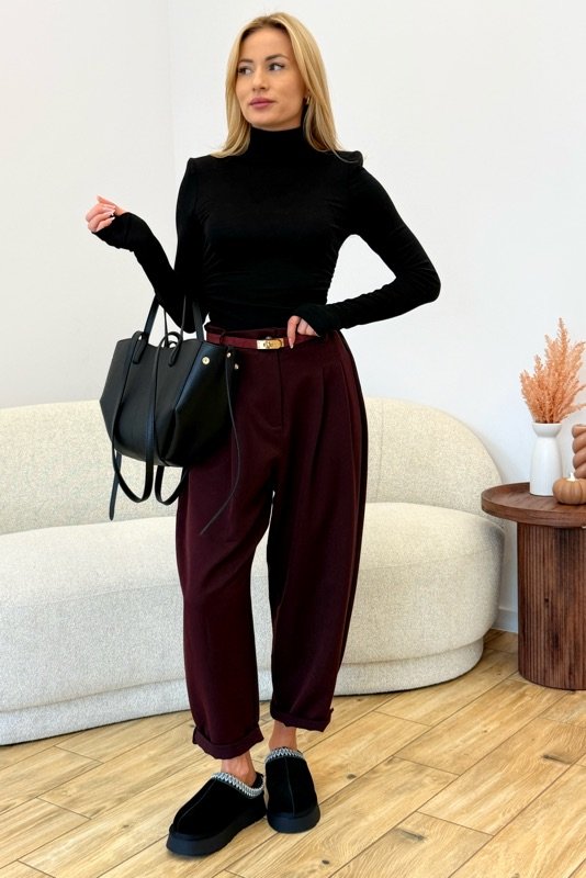 Spodnie Eleganckie Balloon MIRON z gumką w pasie BORDO